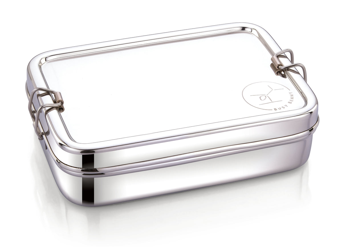 Stainless steel bento snack box with latching handle and closed lid