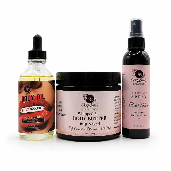 Butt Naked body oil, whipped body butter jar, and air-body spray (3-piece set)