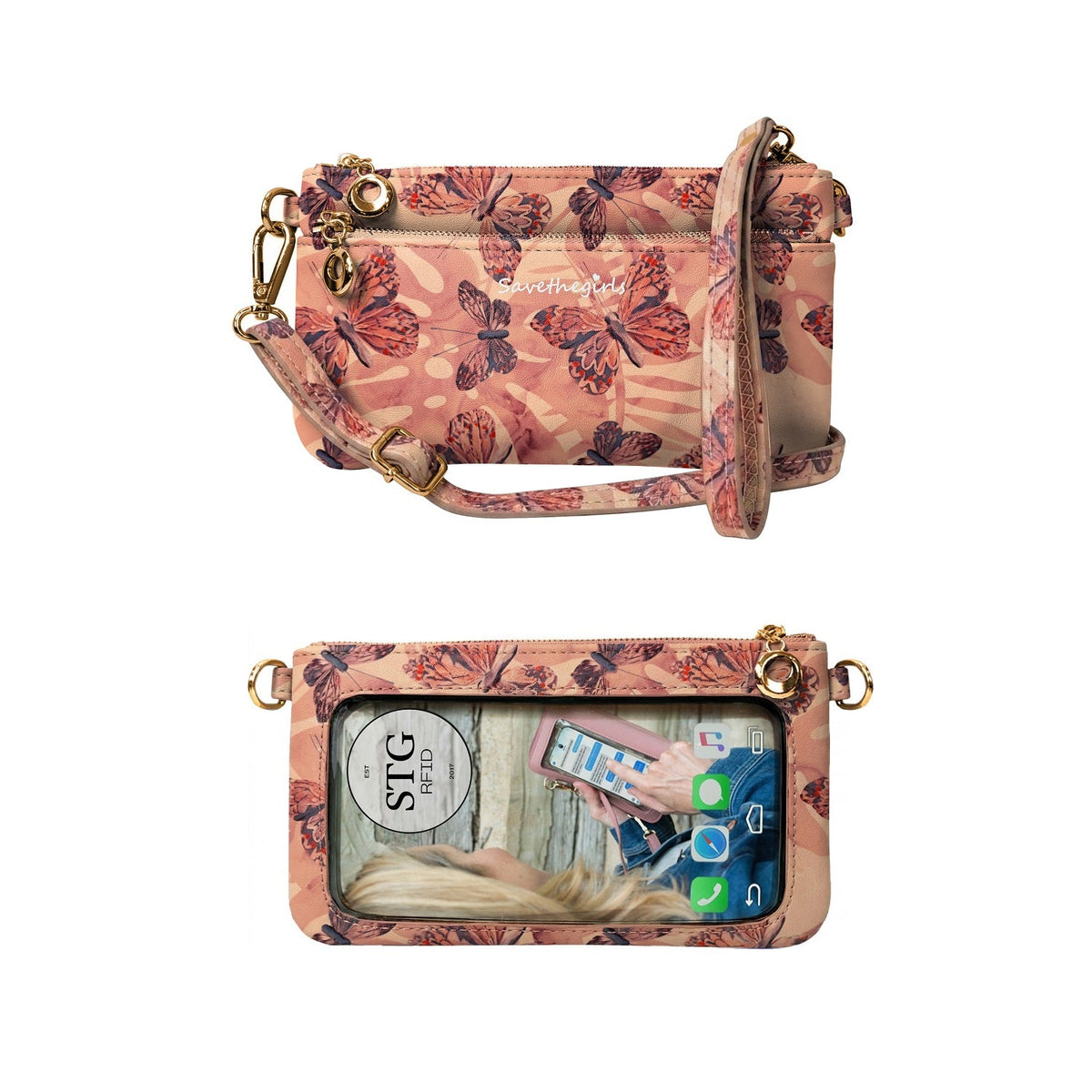 Floral crossbody RFID wristlet bag with zipper, gold hardware, and interior card slots.