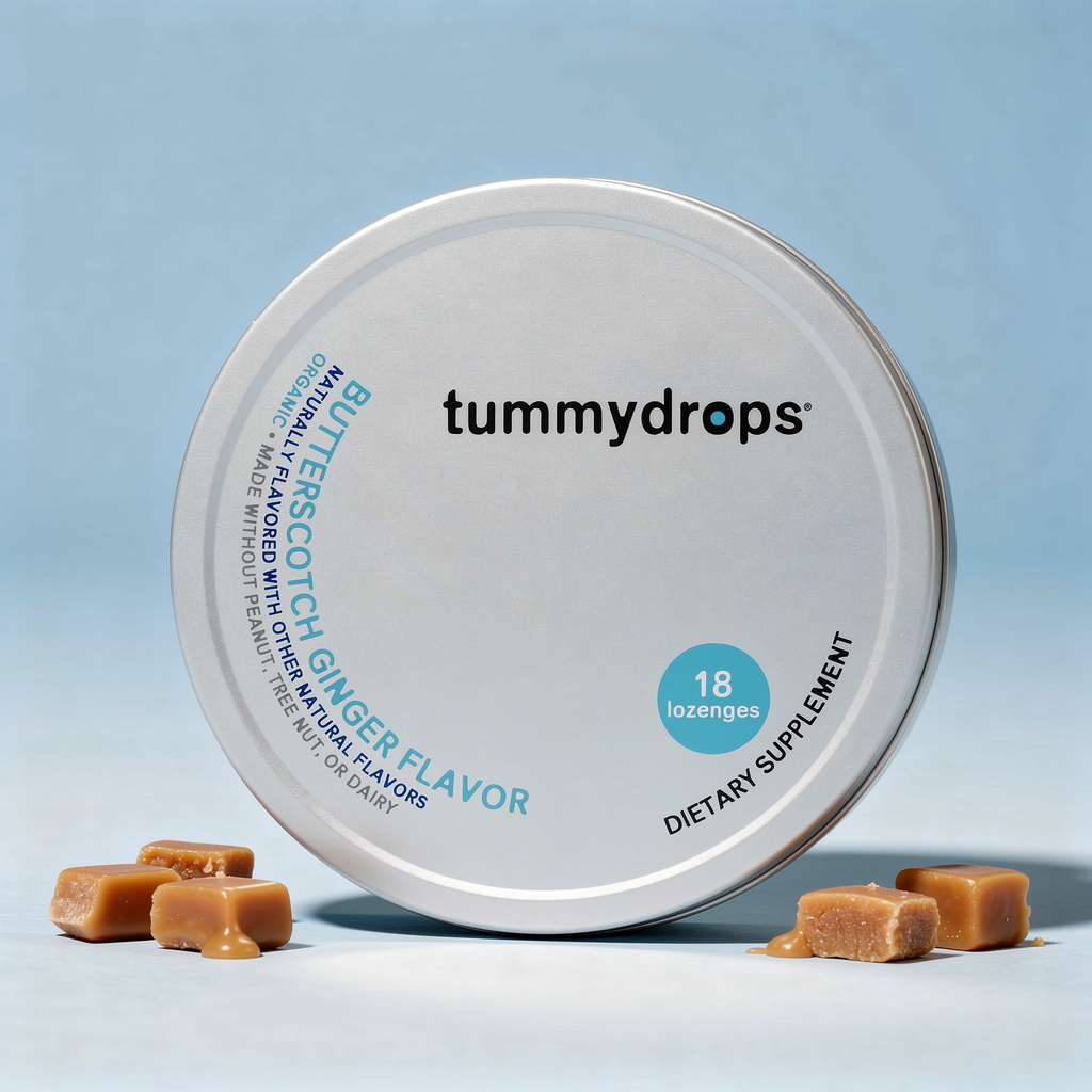 Tummydrops digestive support lozenges tin with butterscotch-style candies, 18 count