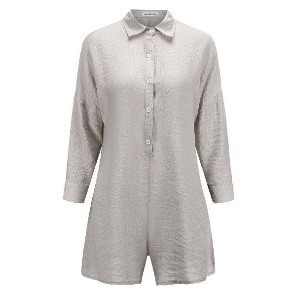 Grey button-front long-sleeve shirt romper with pointed collar and button placket