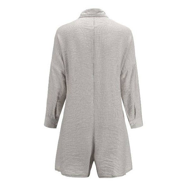 Grey long-sleeve button romper, open back view with shirt collar and curved hem