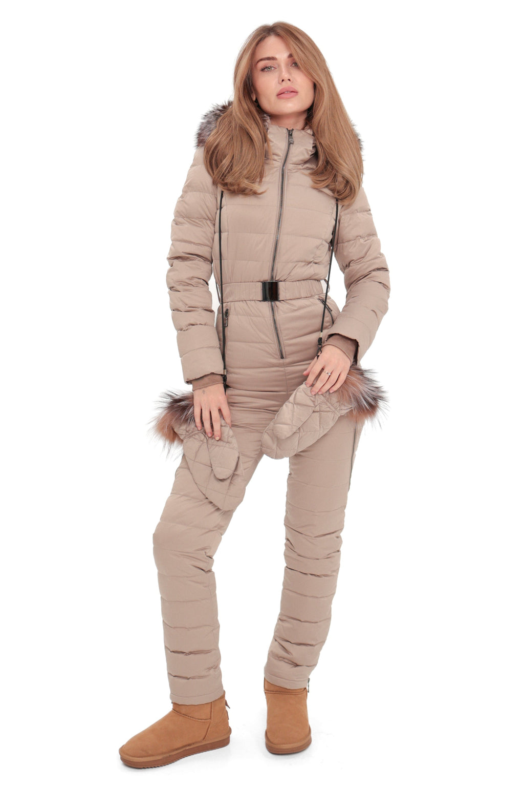 Beige down-insulated snow suit front view with hood, faux-fur trim, and belt.