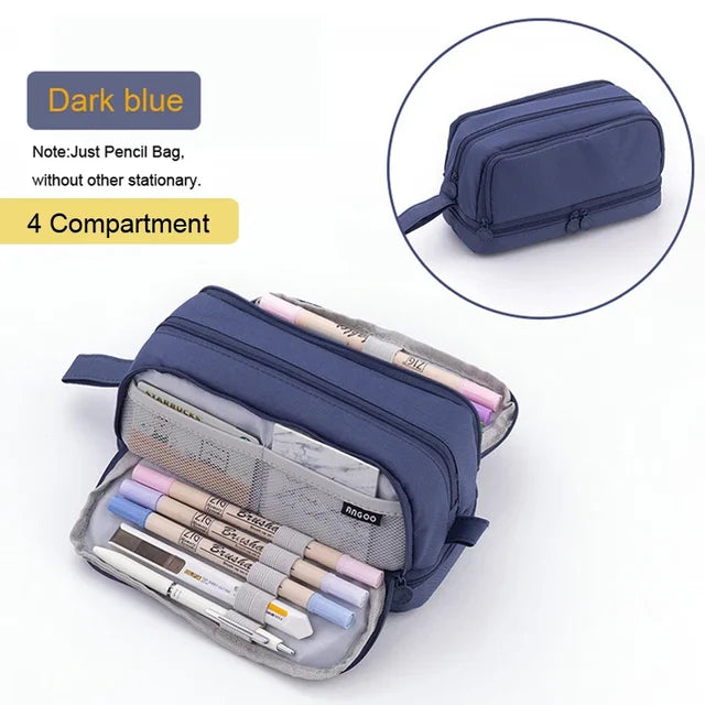 Dark blue zippered pencil bag with strap, open organizer displaying pencils in compartments.