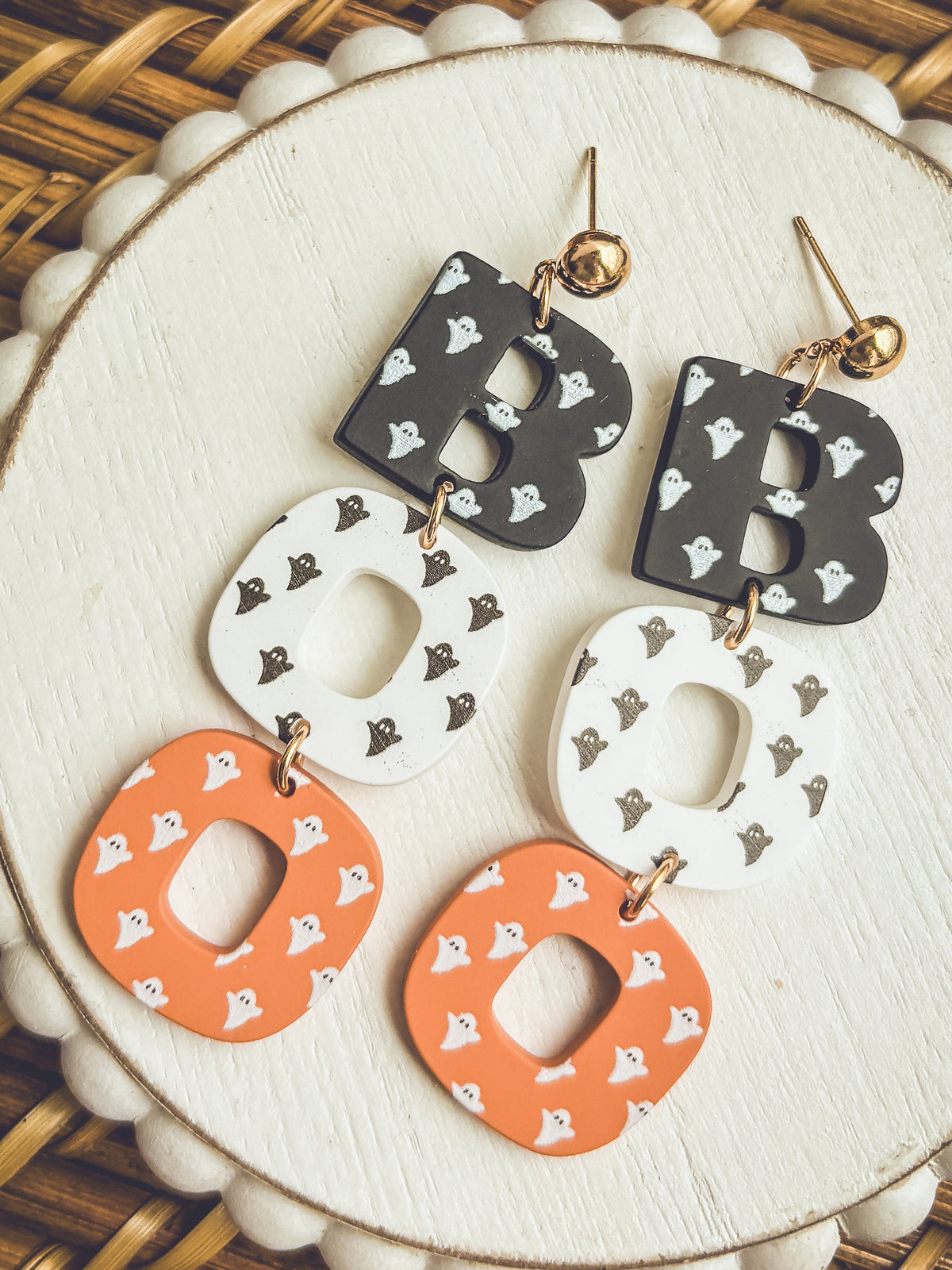 Halloween letter B earrings with black heart tiles and white, orange ring drops