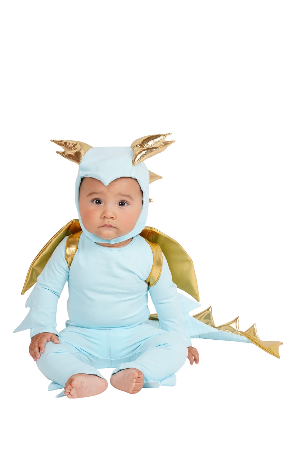 Baby dragon costume in light blue bodysuit with gold winged hood and tail