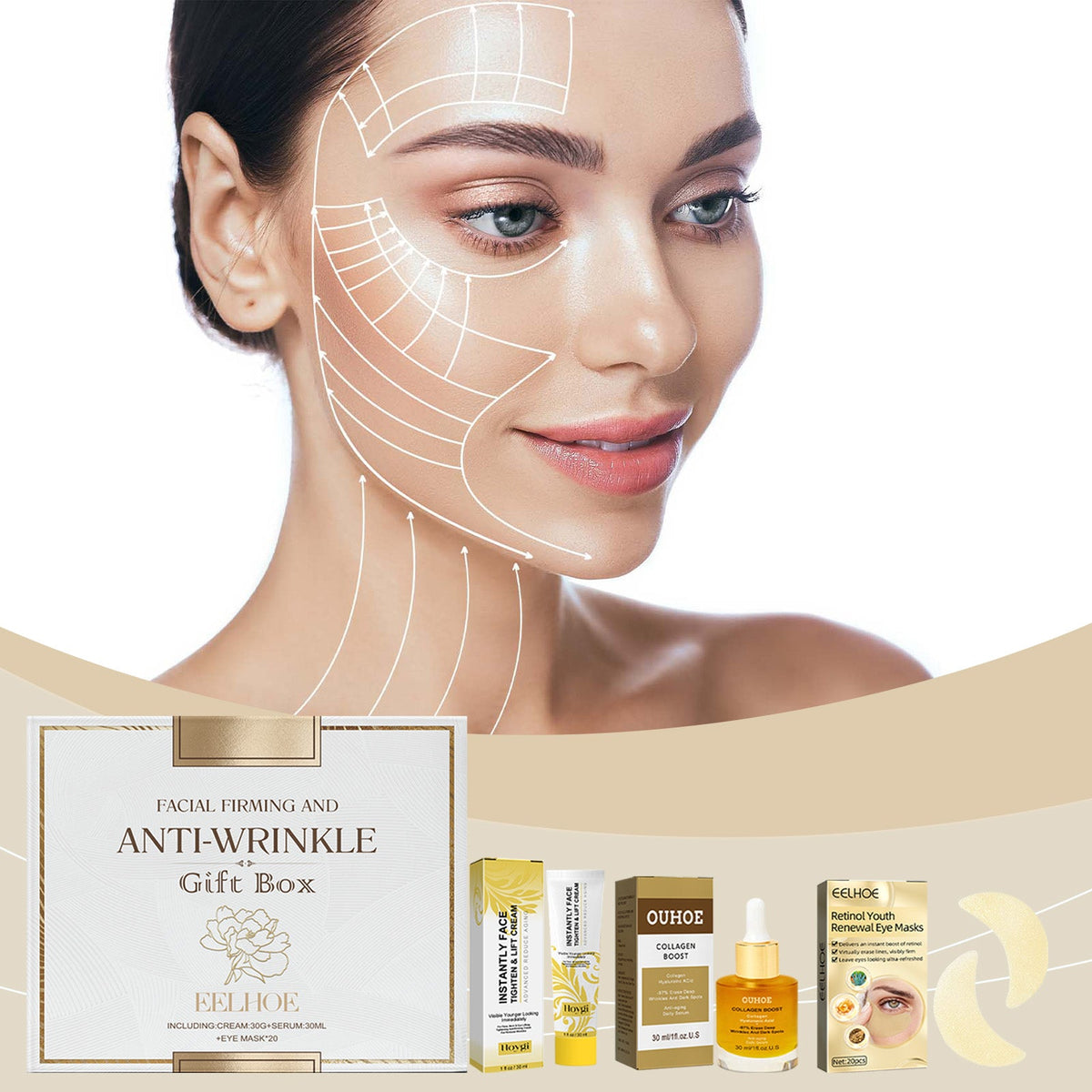 Facial anti-wrinkle skincare gift box shown with a woman’s face treatment overlay