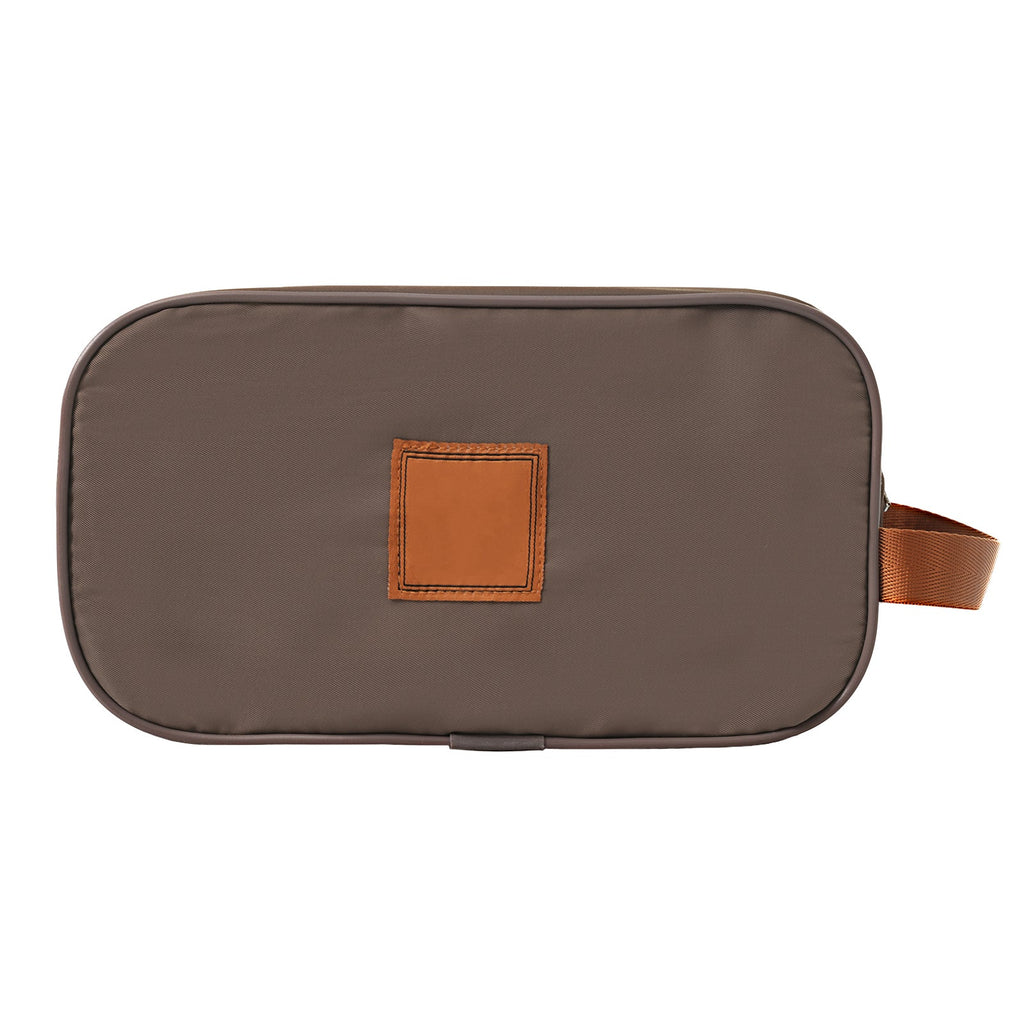 Small grey organizer pouch with copper-brown patch and side handle strap