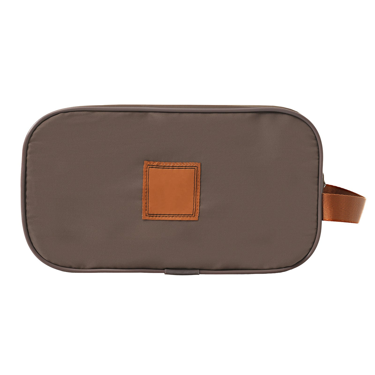 Small grey organizer pouch with copper-brown patch and side handle strap