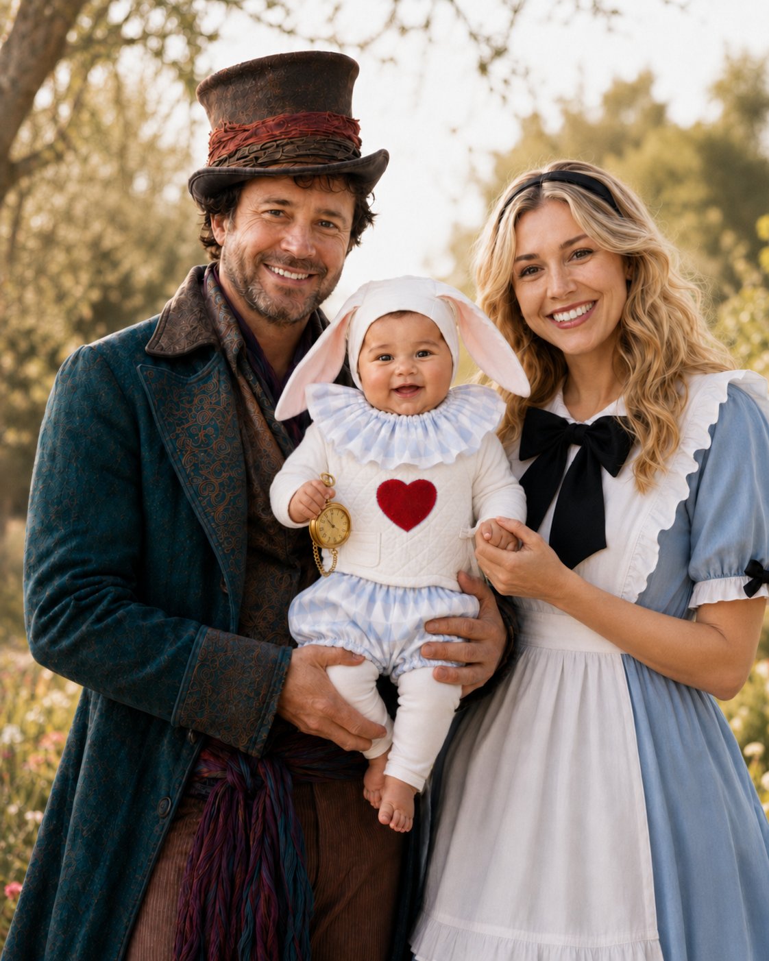 Baby wearing white rabbit-style costume with hooded ears, red heart bib, and blue ruffled bottoms