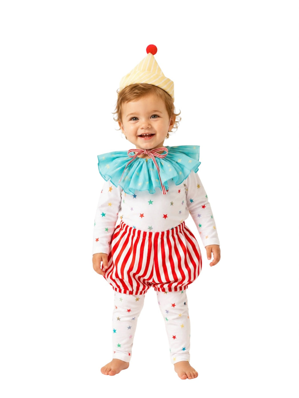 Kids clown costume with yellow hat, blue tutu ruffle chest, star leggings, red striped shorts