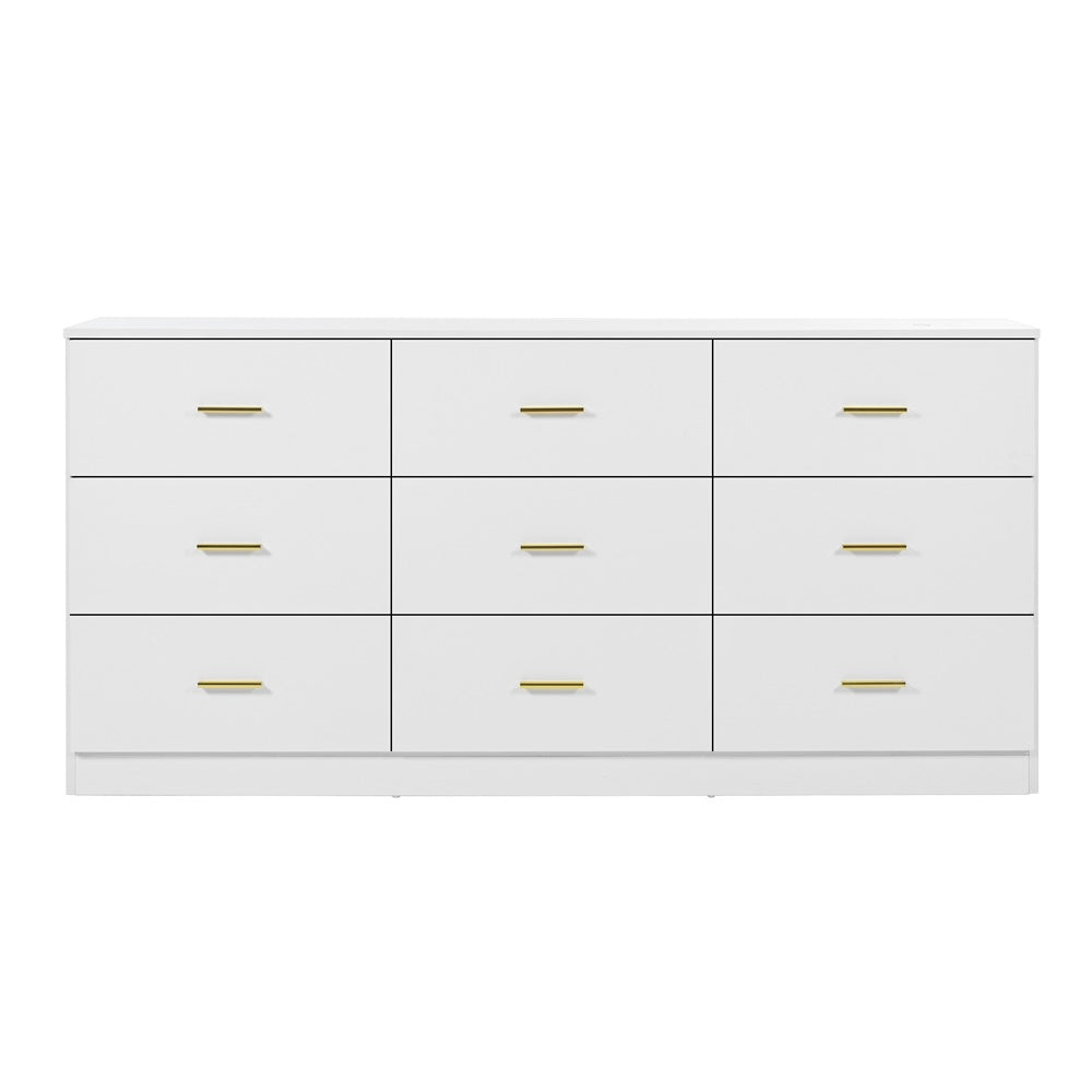 White 9-drawer dresser front view with gold bar handles in a three-by-three grid