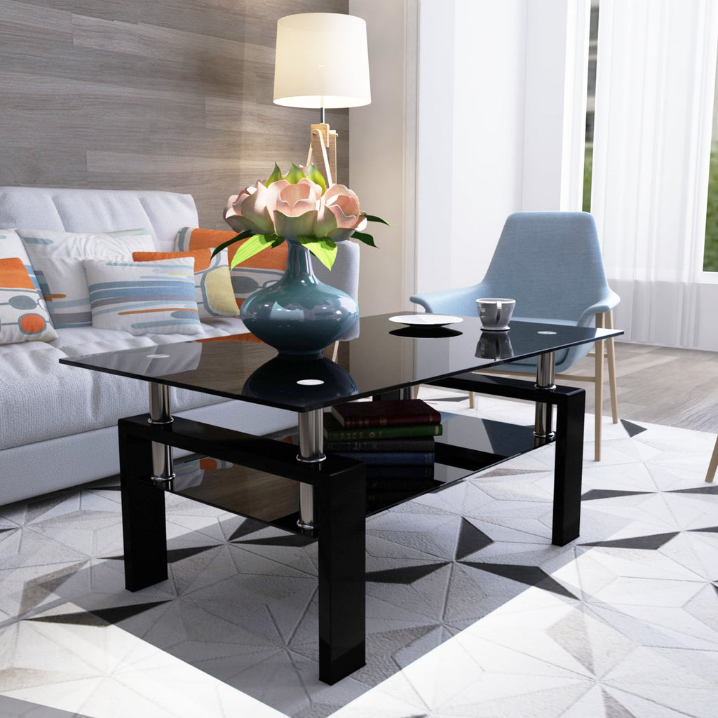 Rectangular black glass coffee table with clear glass top and modern legs