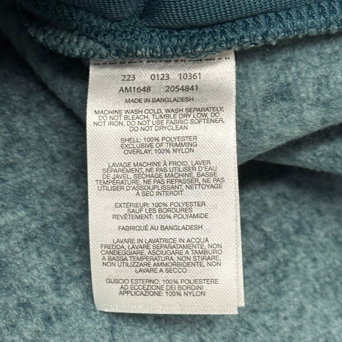 Men's teal heather fleece full-zip jacket care label tag