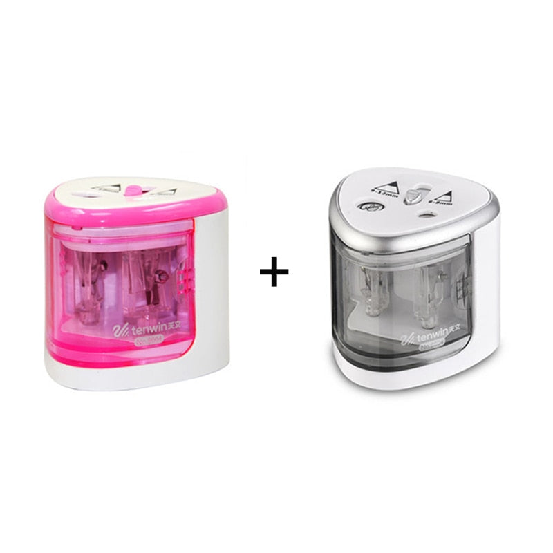 Two-hole electric pencil sharpener set: pink and gray units with transparent chamber