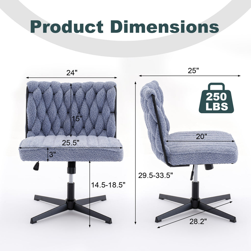 Blue armless desk chair with tufted back and padded seat, black pedestal and star base
