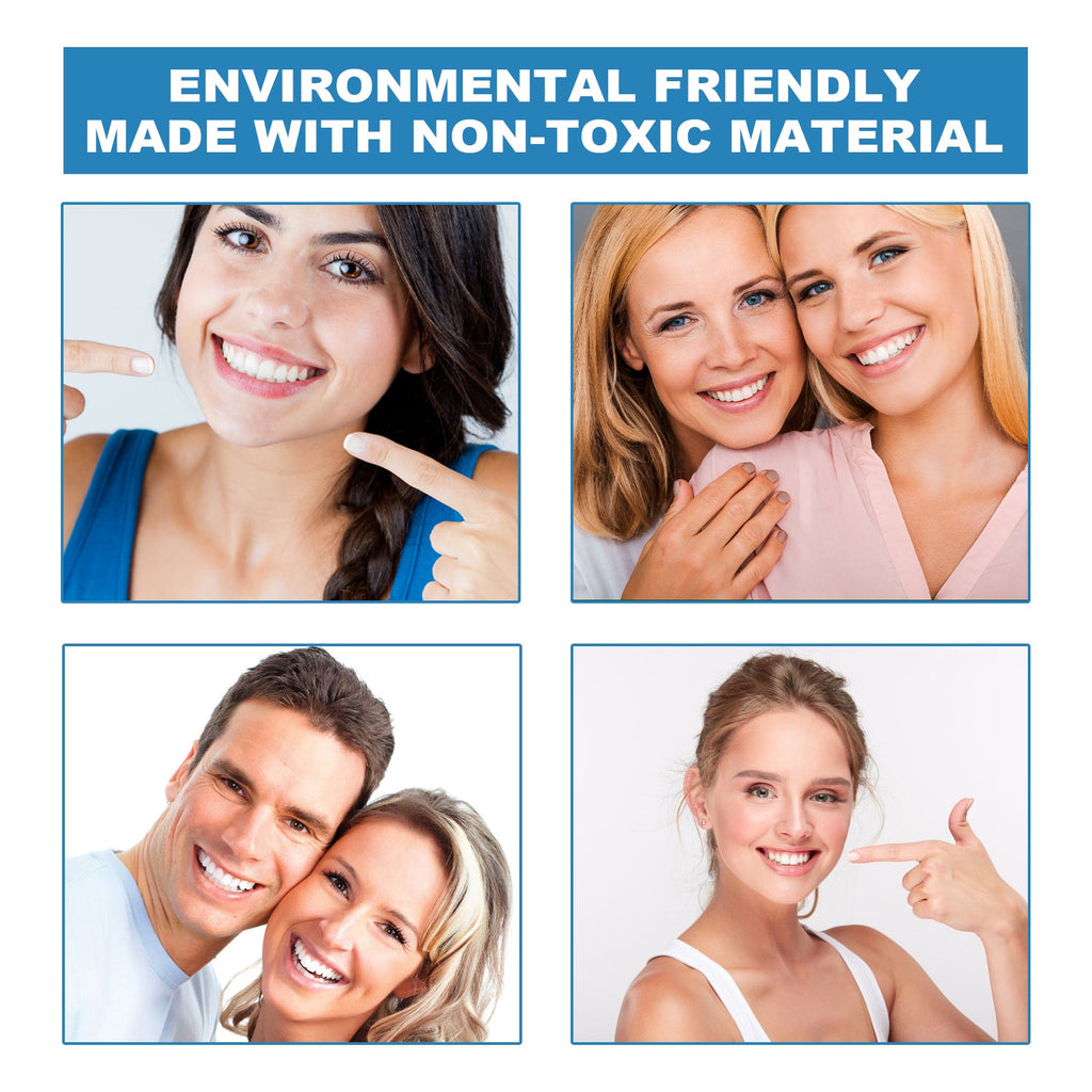 Dental repair kit non-toxic material promotional graphic with smiling people