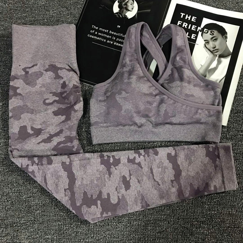 Camouflage yoga set with sports bra and leggings, mauve purple and gray