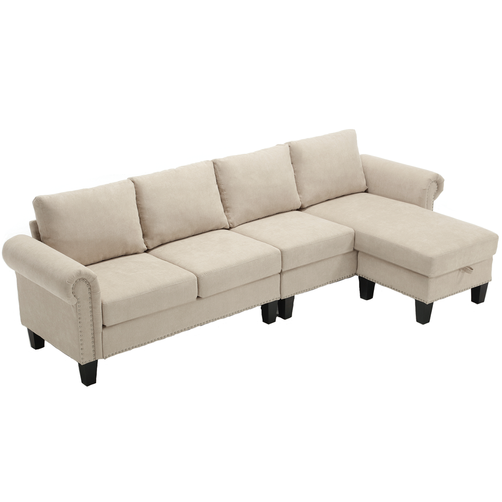 Beige sectional sofa with right chaise, upholstered arms, and block legs.