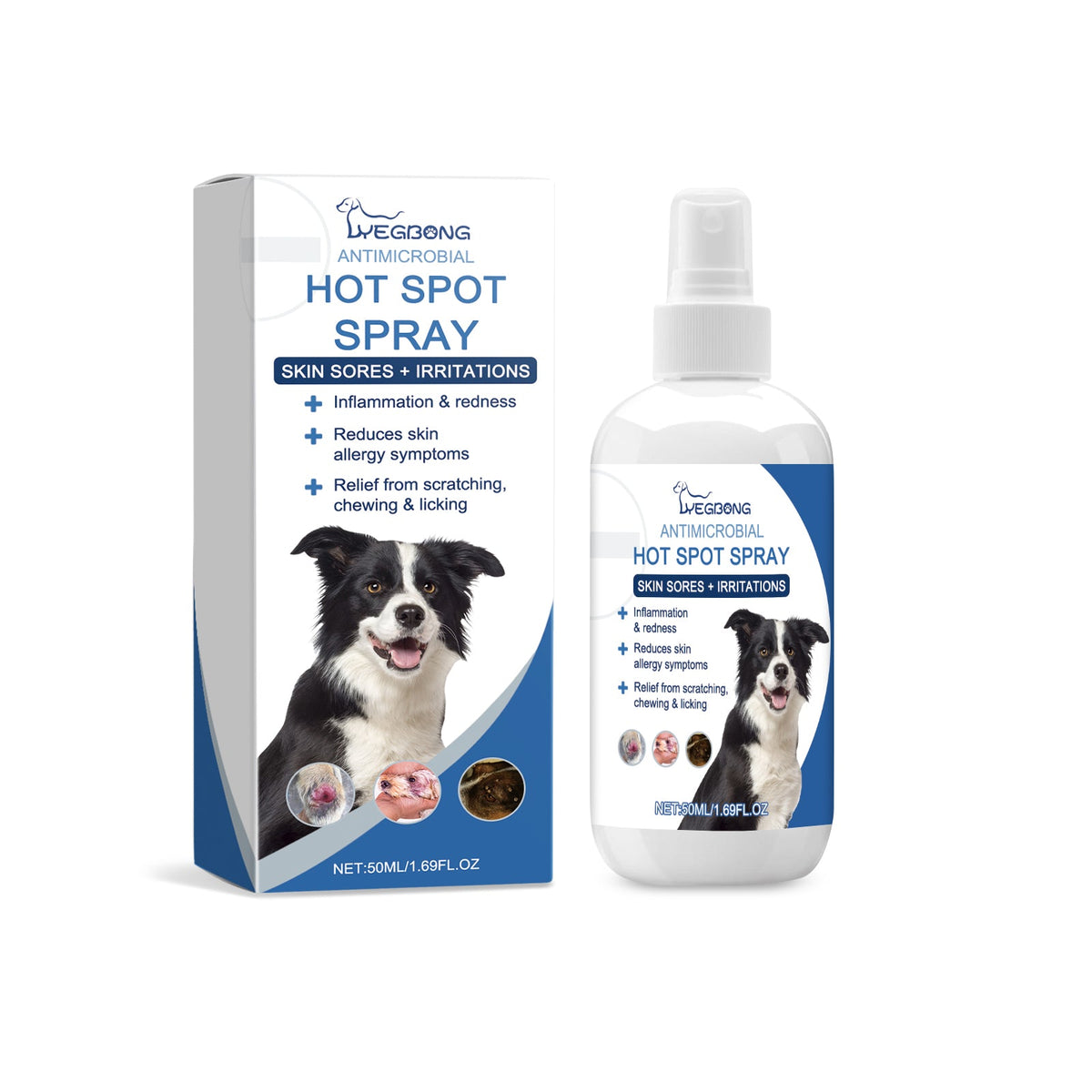 Pet hot spot spray packaging with pump bottle, blue HOT SPOT label and dog/cat illustrations.