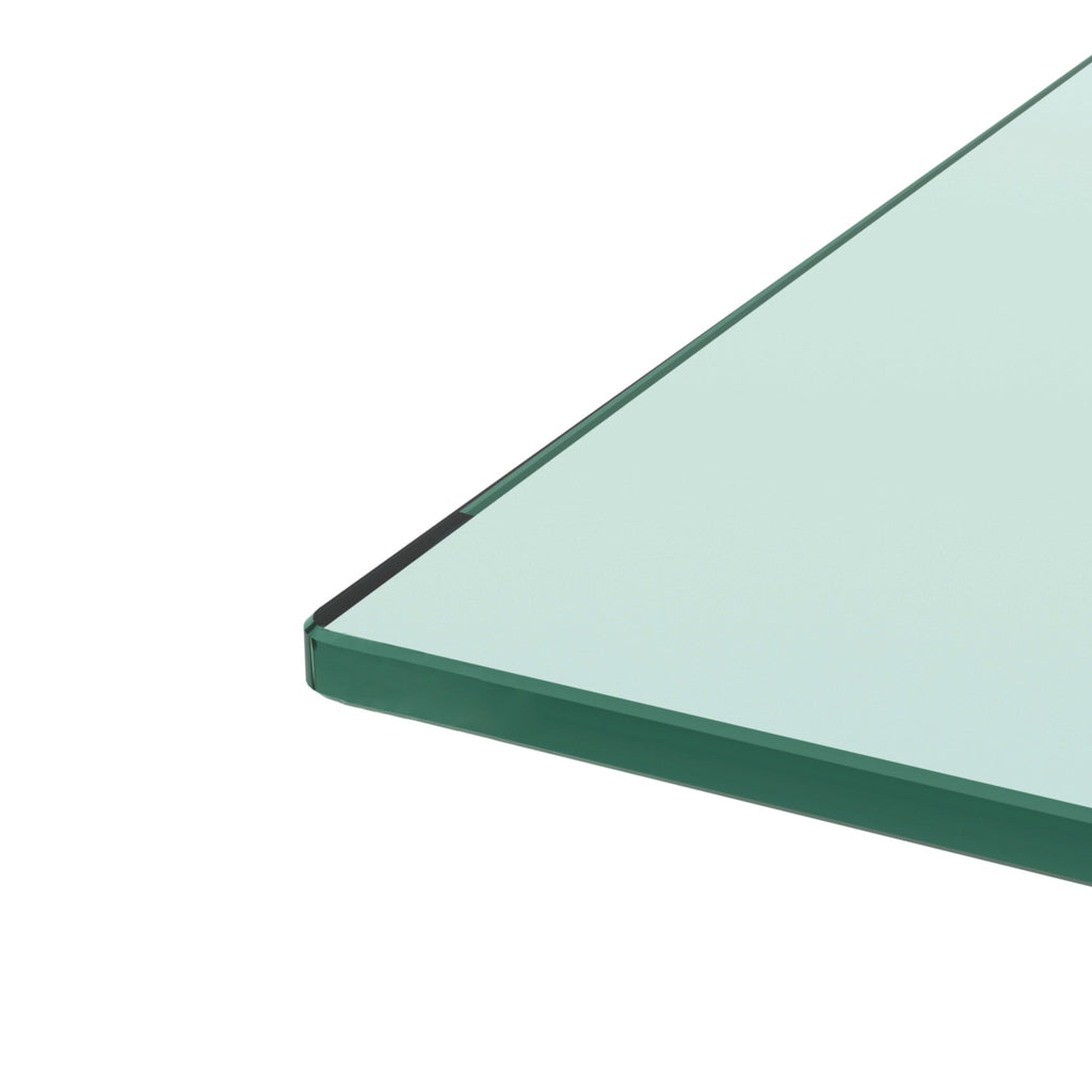 Clear glass tabletop corner with beveled edge and black support trim