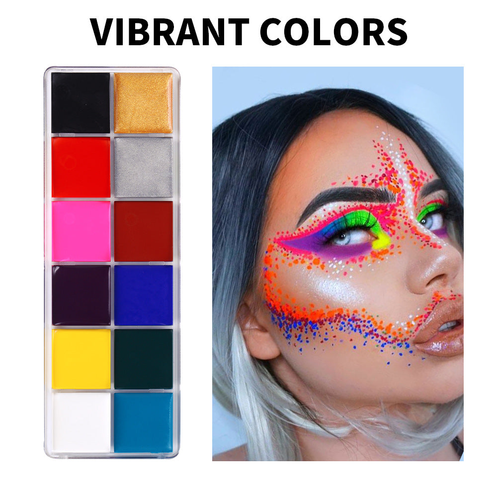 Vibrant 12-color face paint palette with colorful face makeup application