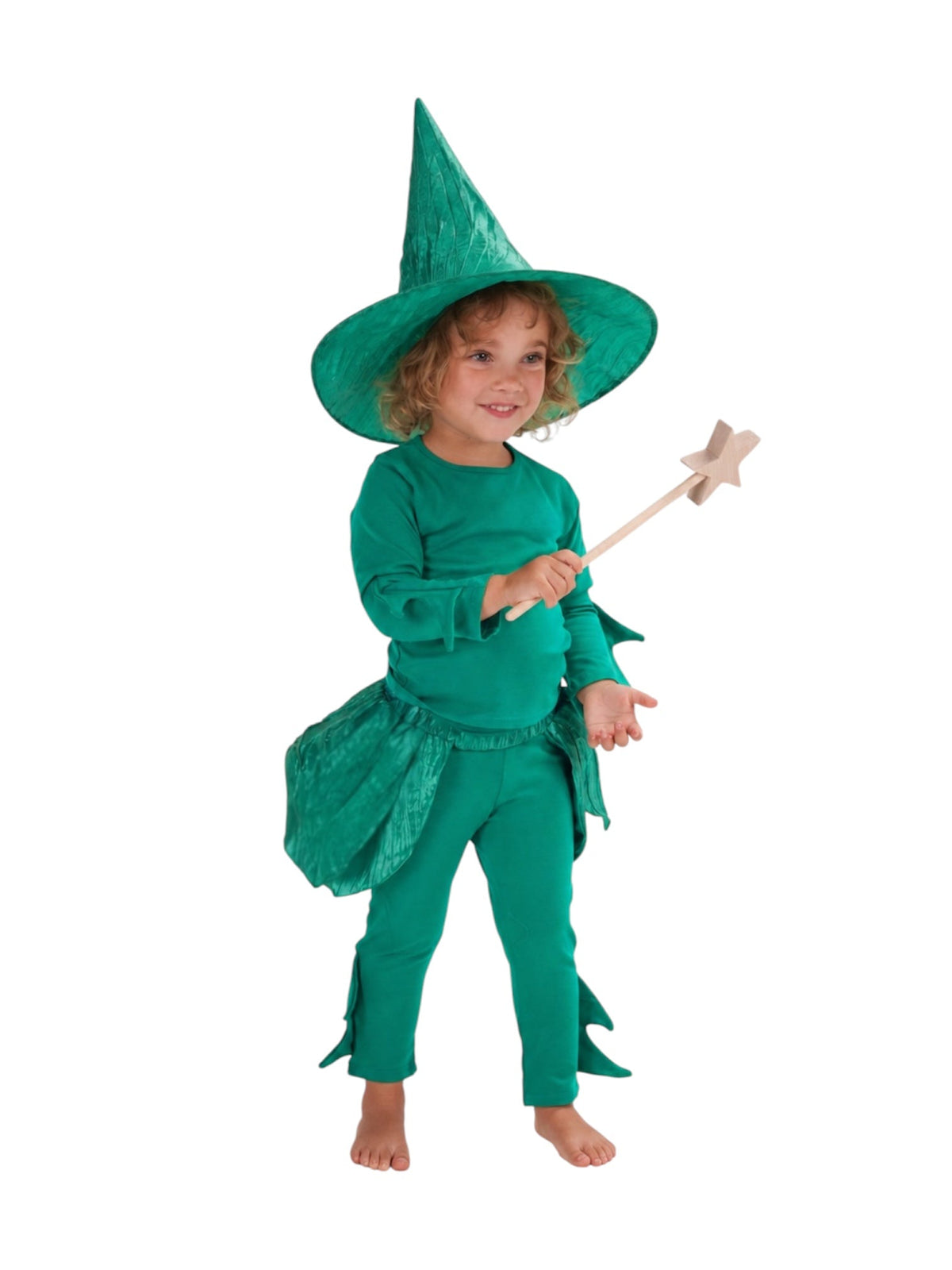 Green witch costume set with tall pointed hat, tunic and matching pants for kids