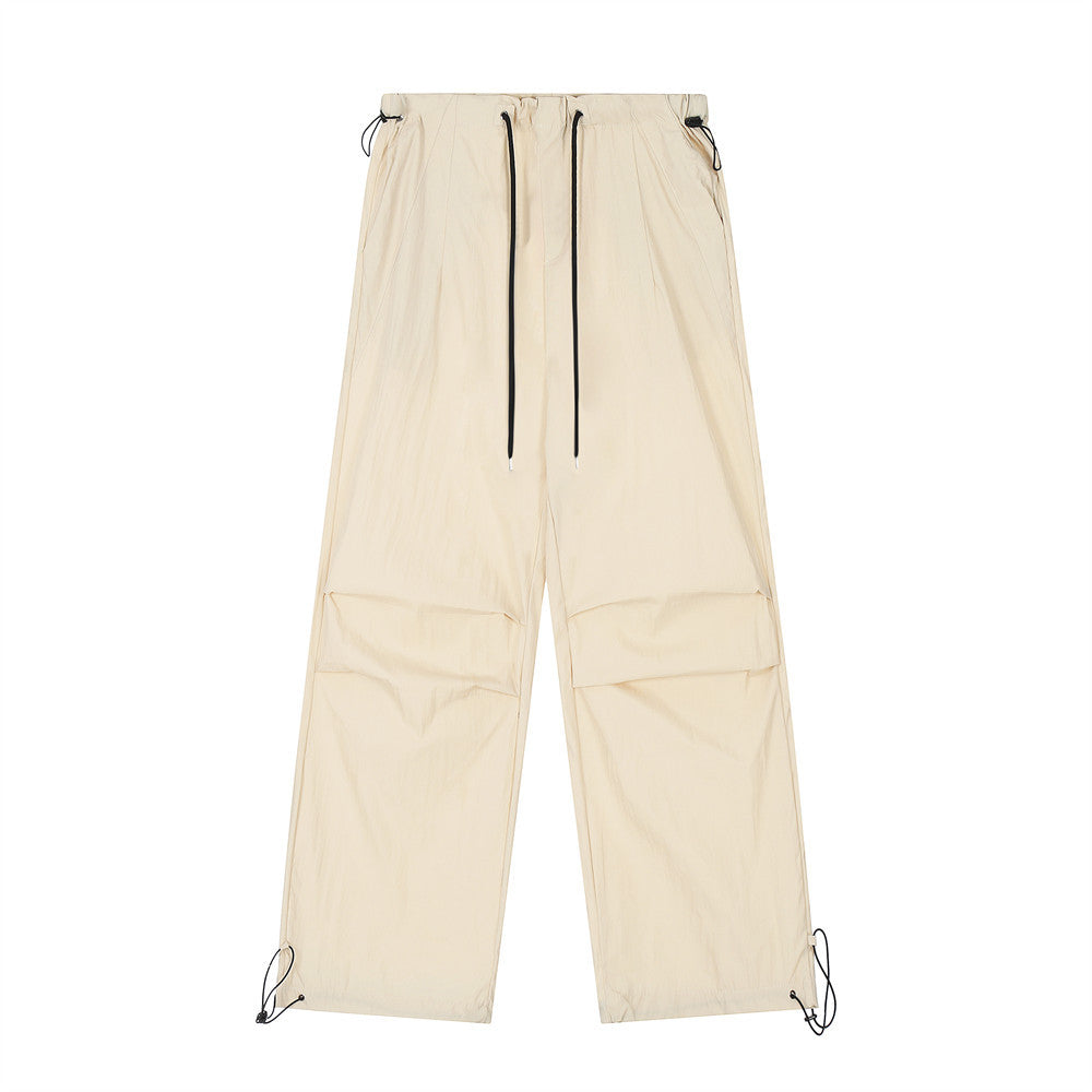 Men's drawstring cargo pants, light beige, relaxed straight legs with cuff ties