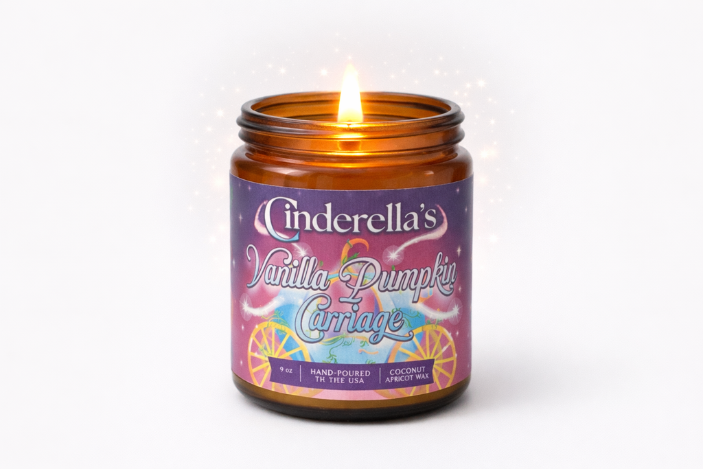 Unlit amber glass candle jar with gold lid and purple pumpkin carriage label