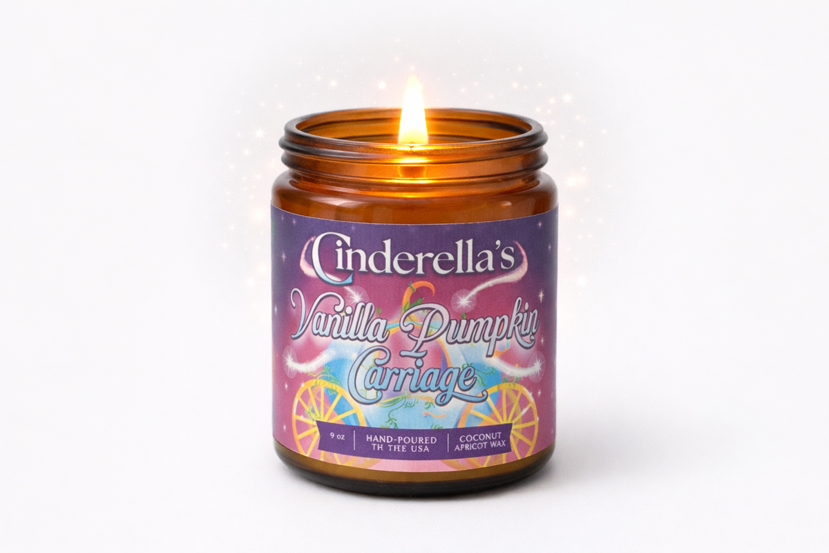 Unlit amber glass candle jar with gold lid and purple pumpkin carriage label