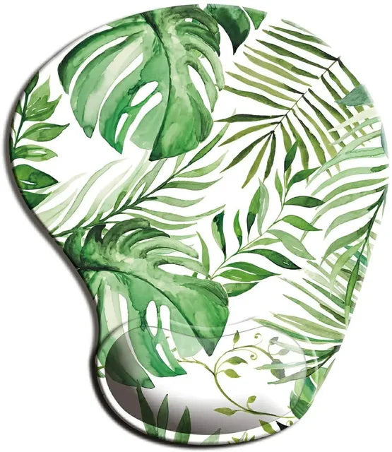 Ergonomic mouse pad wrist rest with white base and green tropical leaf print