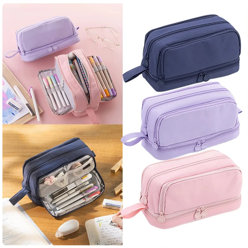 Lavender zippered pencil bag with shoulder strap and pink zip case, multi-compartment.