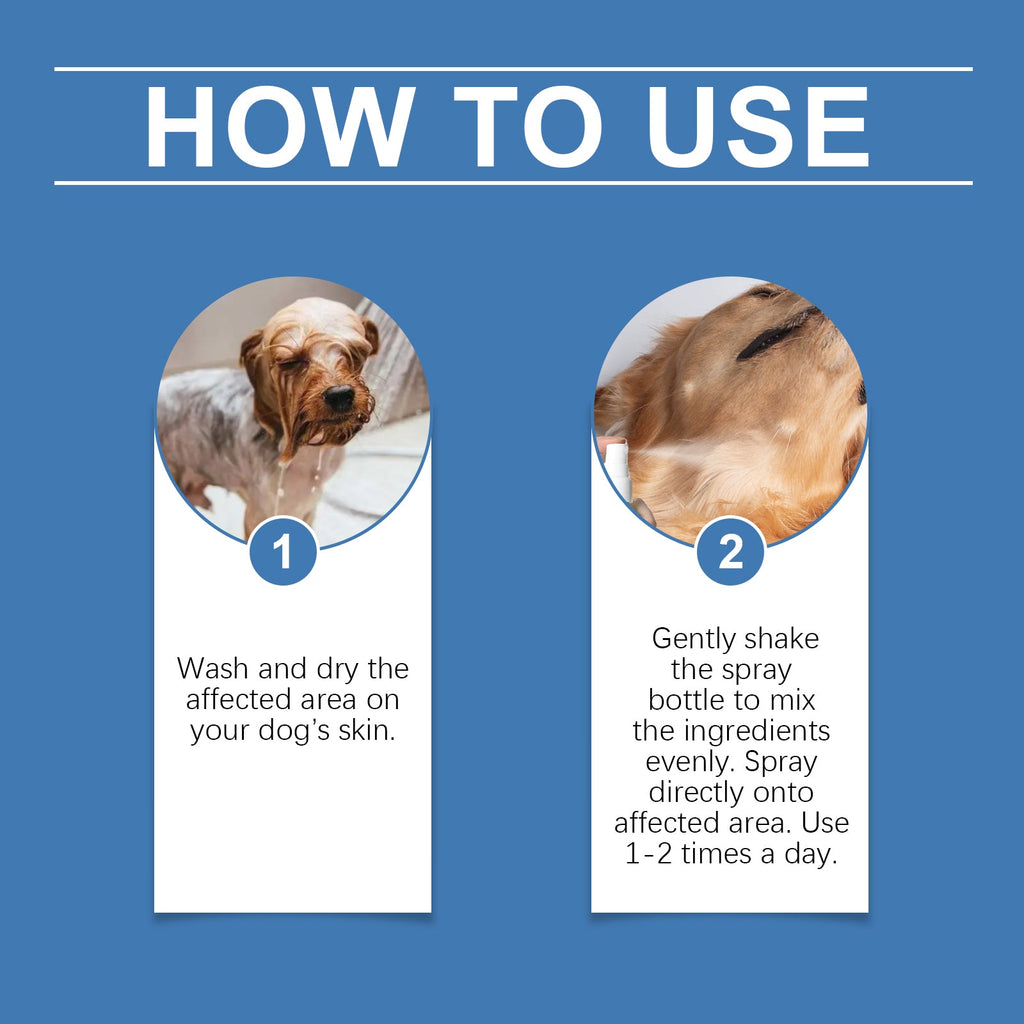 Pet hot spot spray how-to-use panel: wash and dry skin, then gently mist affected area.