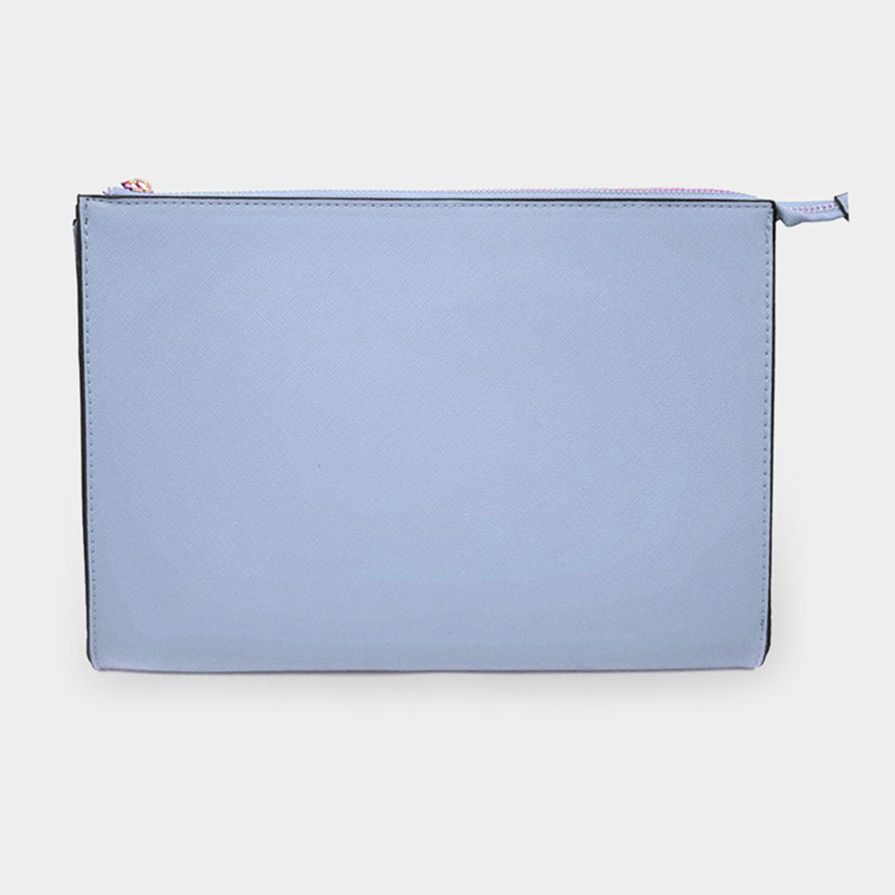 Blue faux leather clutch bag with top zipper and structured rectangular shape