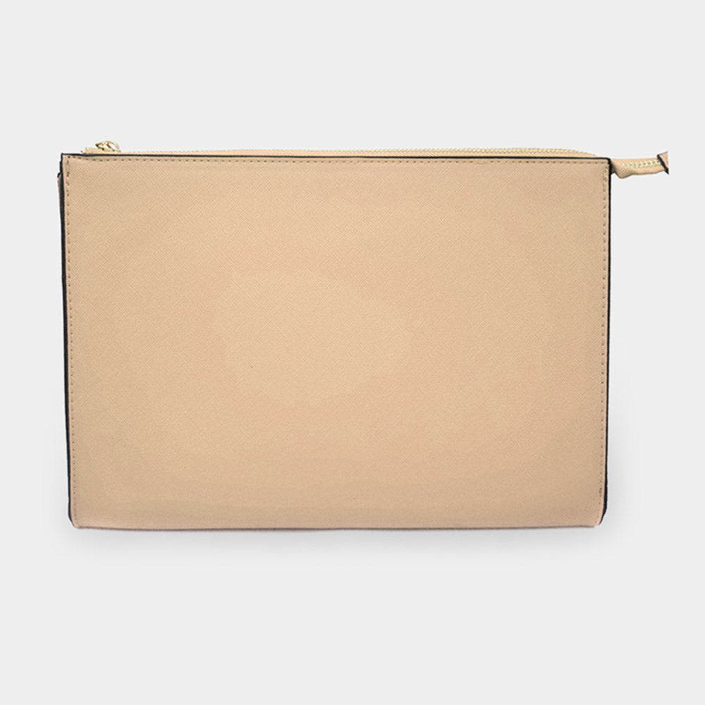 Gold faux leather clutch bag with top zipper and structured rectangular shape