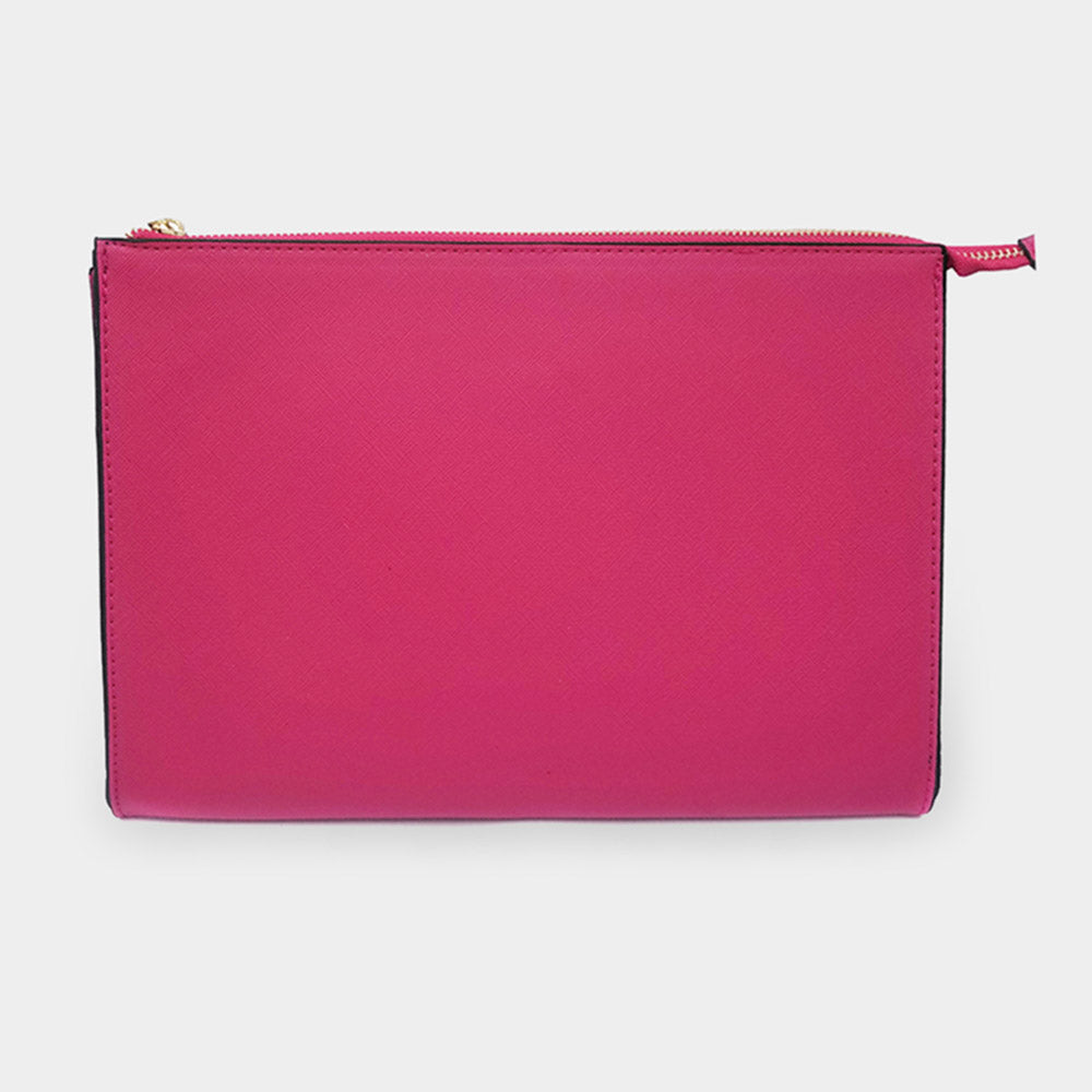 Fuchsia faux leather clutch bag with top zipper and structured rectangular shape