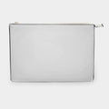 White faux leather clutch bag with top zipper and structured rectangular shape