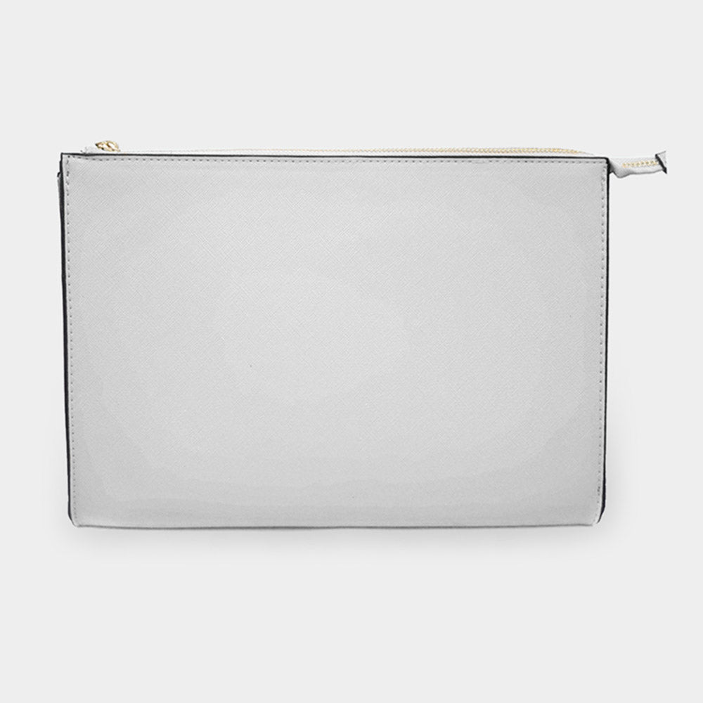 White faux leather clutch bag with top zipper and structured rectangular shape