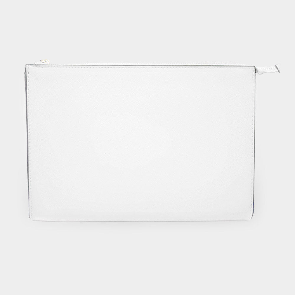 White faux leather clutch bag with top zipper and structured rectangular shape
