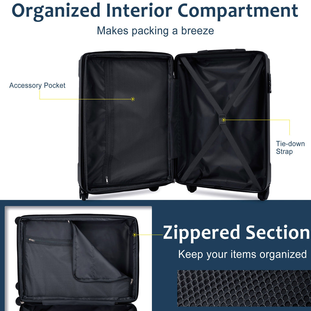 Open black hardshell suitcase interior with accessory pocket and zippered section