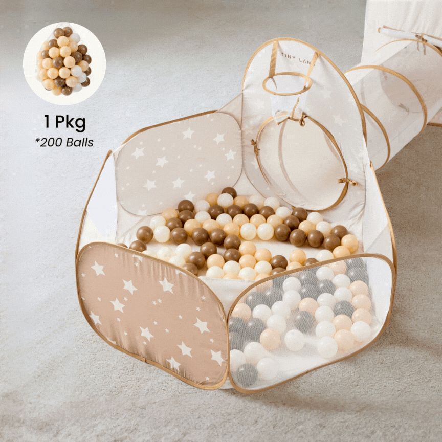 Star-panel play tunnel with compartments filled with white and brown balls, beige and white