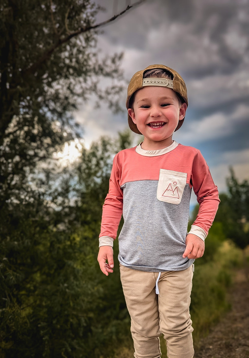 Kids bamboo color-block long-sleeve shirt in pink and heather gray with chest pocket