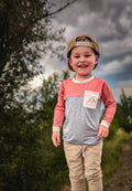 Kids bamboo color-block long-sleeve shirt in pink and heather gray with chest pocket