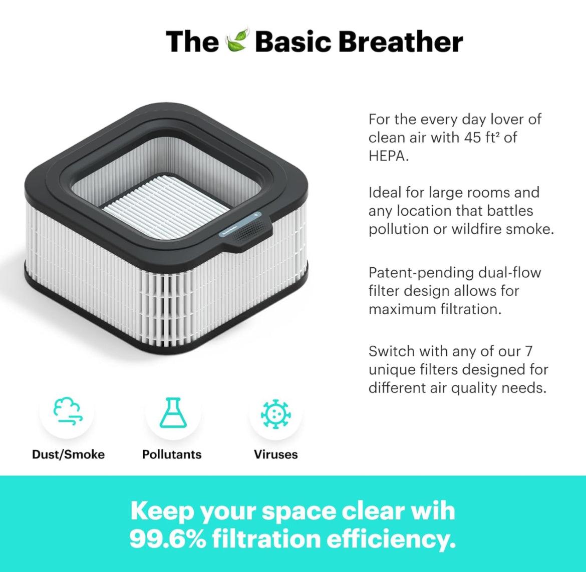 Air purifier top view with dual-flow filter design and HEPA filter air intake