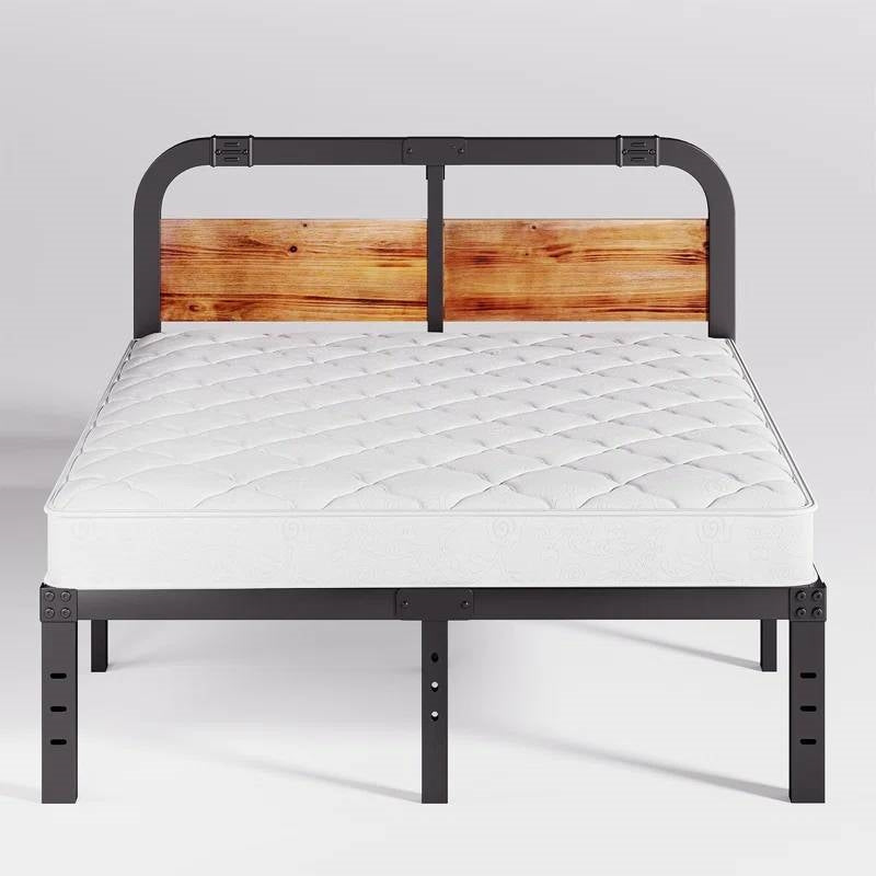 California King Heavy Duty Black Metal Bed Frame with Wood Panel Headboard