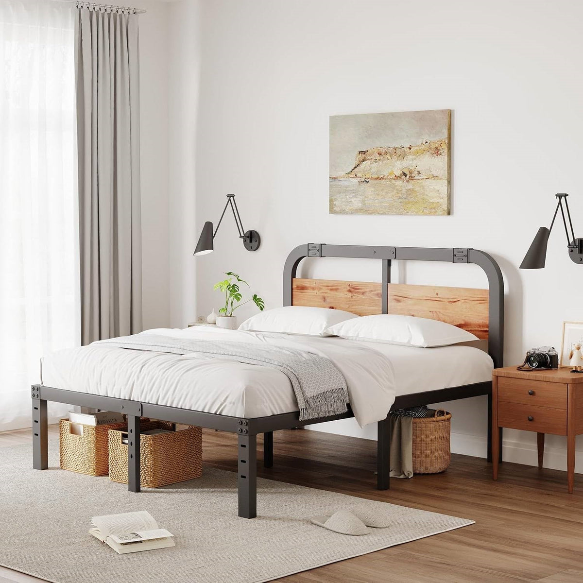 California King Heavy Duty Black Metal Bed Frame with Wood Panel Headboard