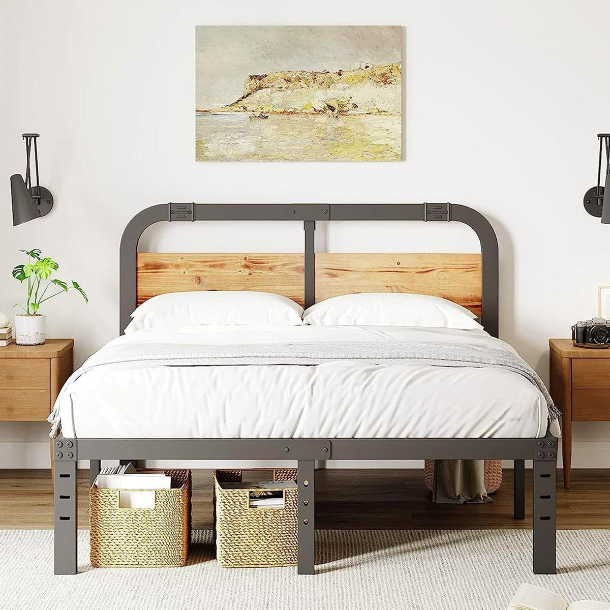 California King Heavy Duty Black Metal Bed Frame with Wood Panel Headboard