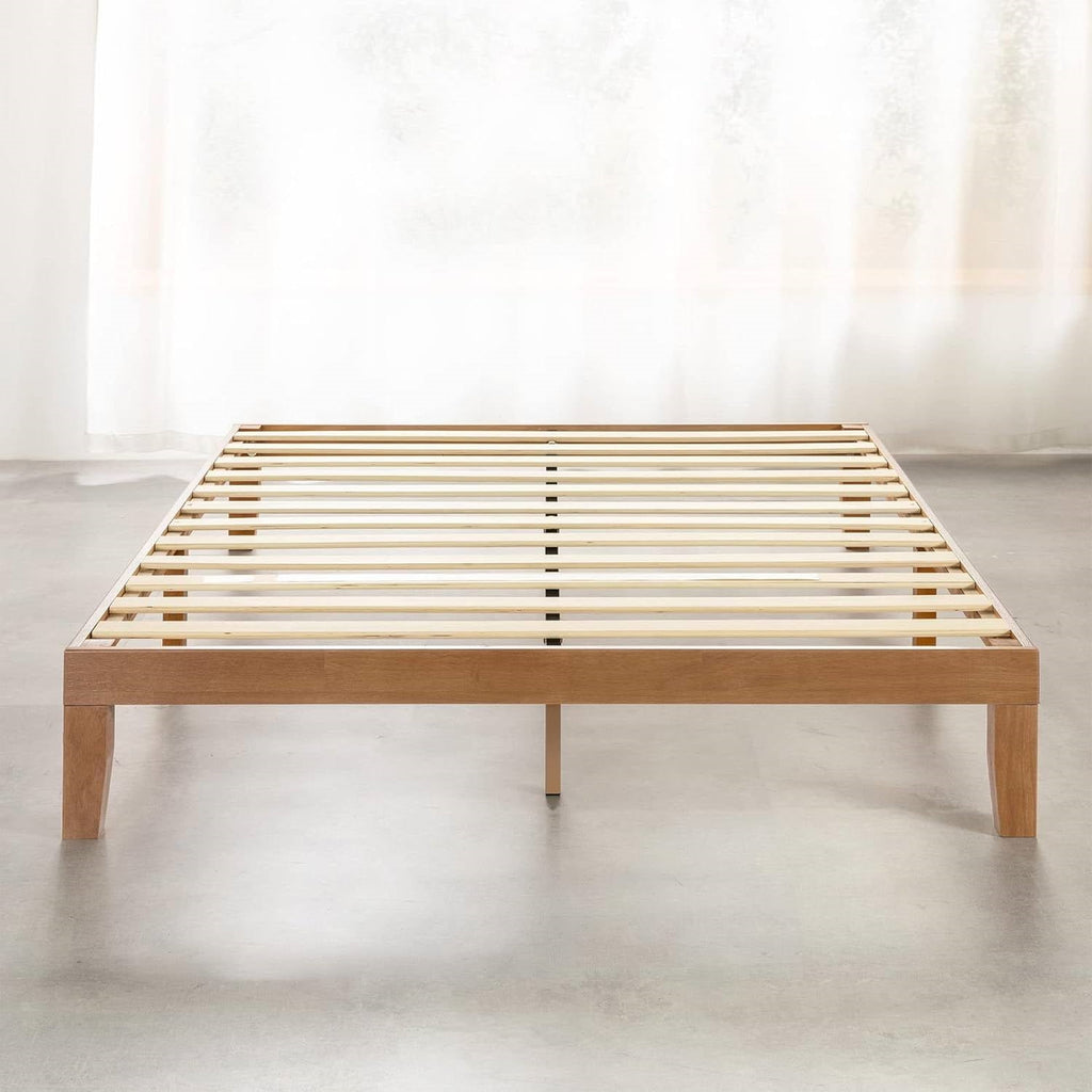 Natural wood platform bed frame with exposed support slats