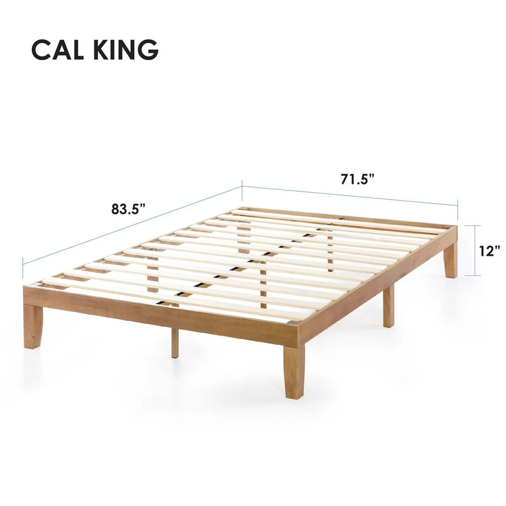 California king platform bed frame with slats; dimensions shown