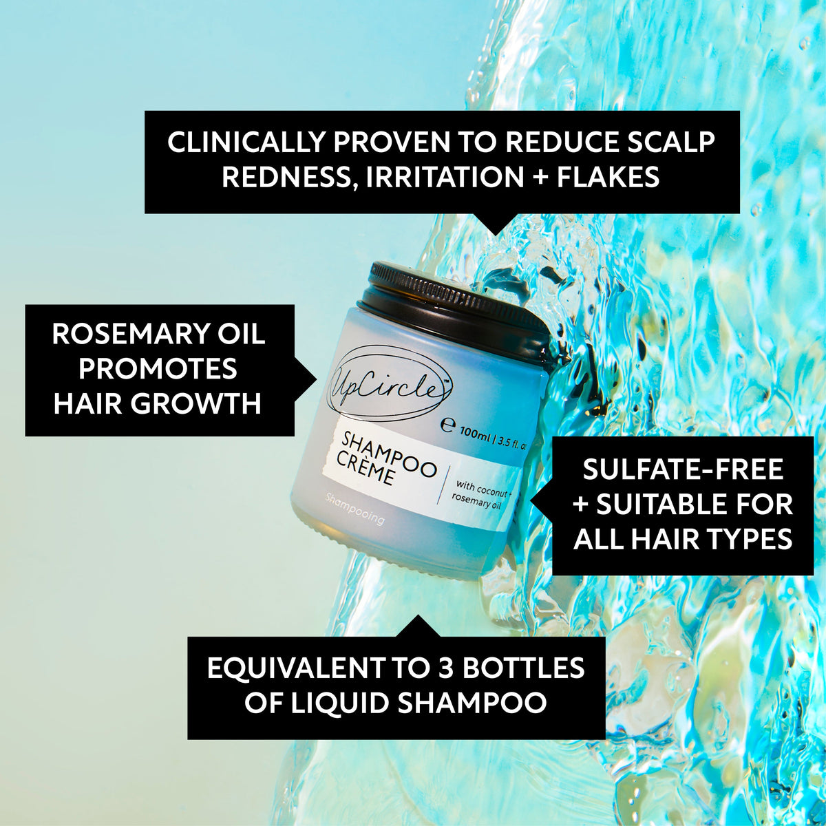 UpCircle shampoo creme jar in water splash, light blue jar with black lid.